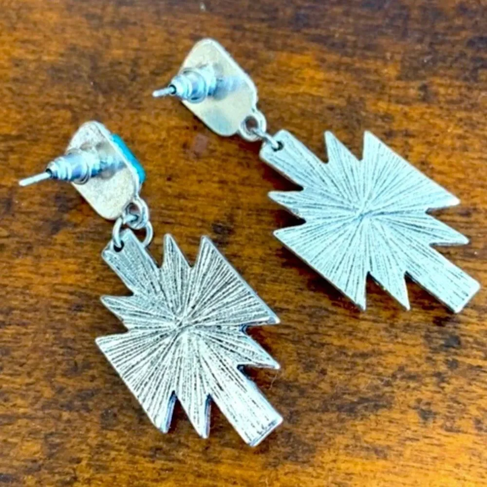 Thunderbird Drop Earrings Silver Tone Faux Turquoise Stone